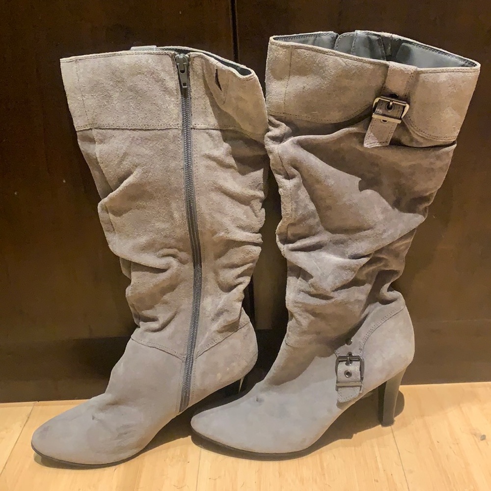 Knee high grey heeled boots